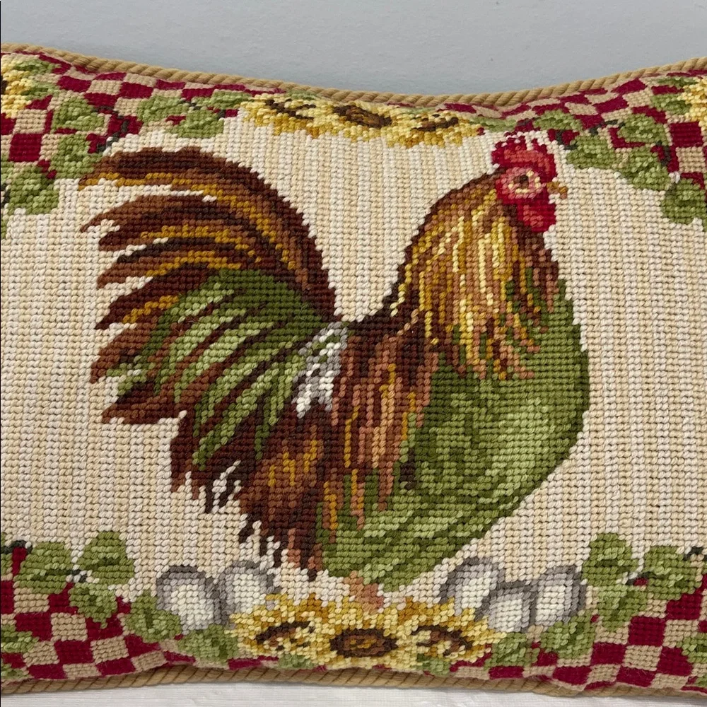 Sunflower Rooster Needlepoint decor Pillow vintage cottage farmhouse country - Picture 3 of 16